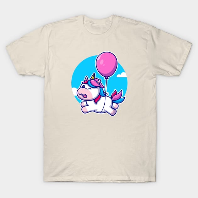 Cute Unicorn Floating With Balloon Cartoon T-Shirt by Catalyst Labs